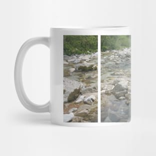 A static shot of the clear water of a mountain stream between rocks and stones; beautiful nature in a sunny day; no people around Mug